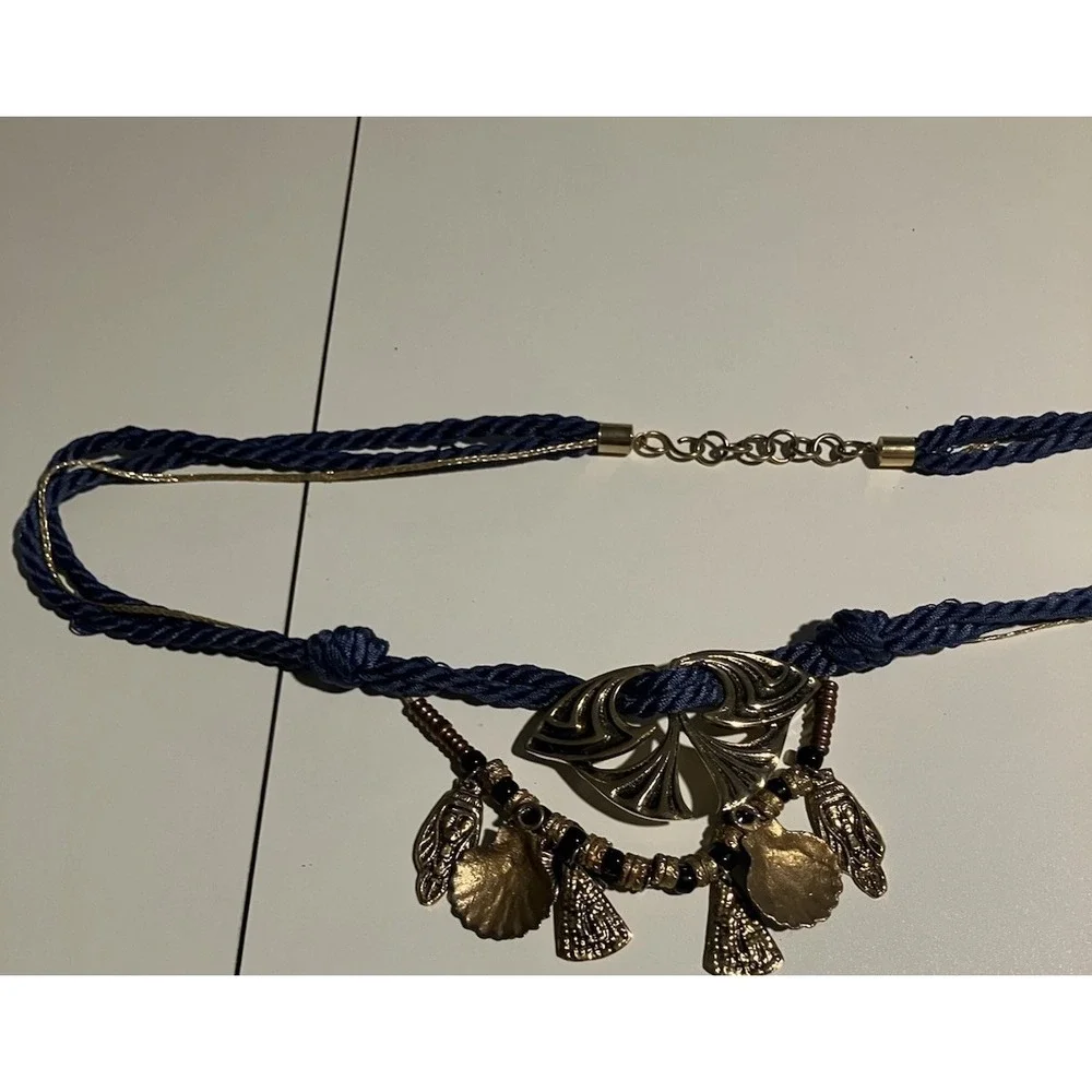 Navy‎ Blue Rope Belt with Gold Shell Charms, Vintage Statement Adjustable Waist